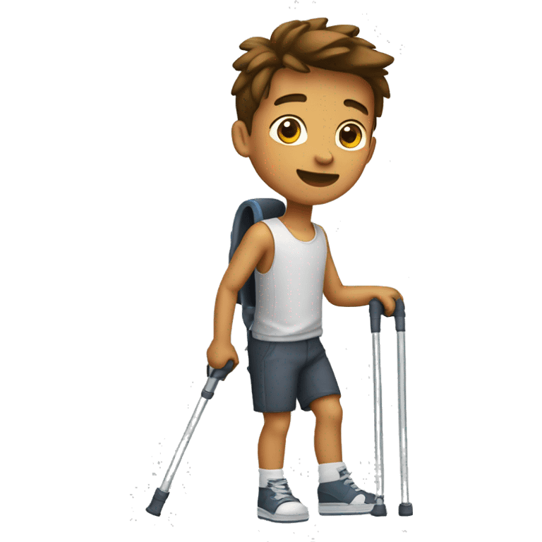 A boy with one broken leg using crutches with a bit of muscles  emoji