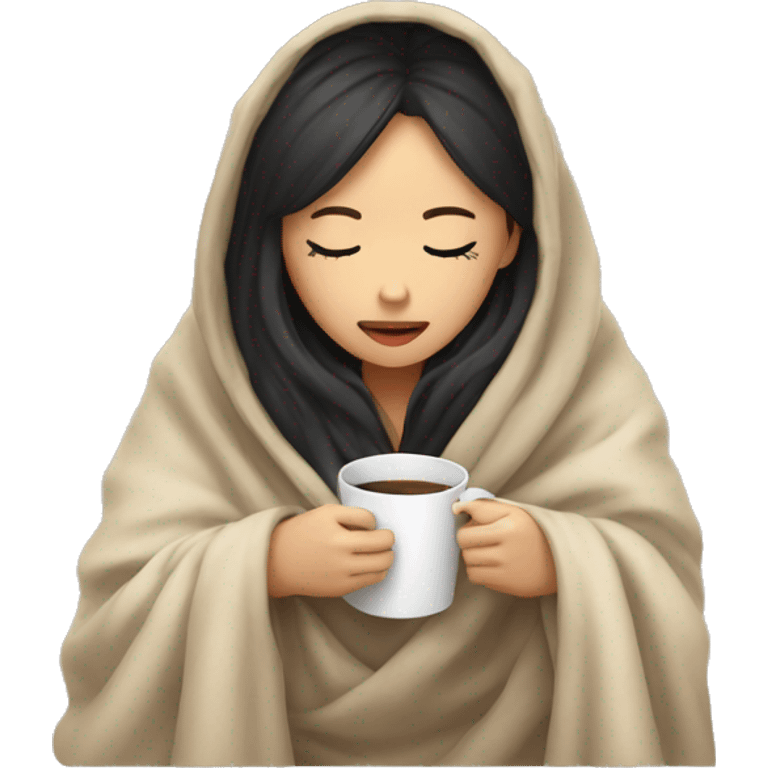 asian girl inside a blanket sipping coffee eyes closed emoji