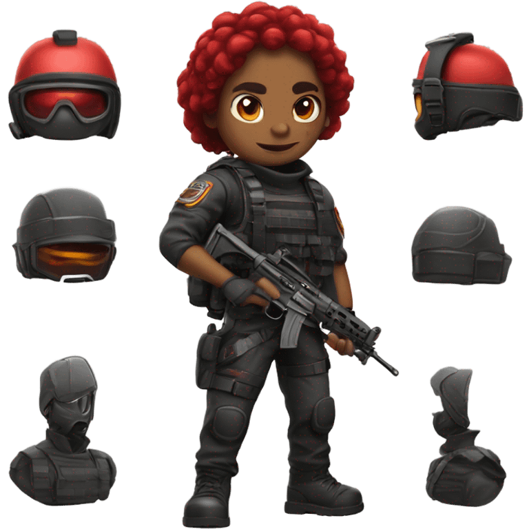 "Design a bold emoji of a Free Fire character with intense expression, tactical gear, and a weapon in bright reds, blacks, and metallic colors."



 emoji