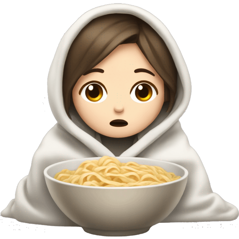 brunette white girl crying eating ramen noodles while swaddled in a blanket  emoji