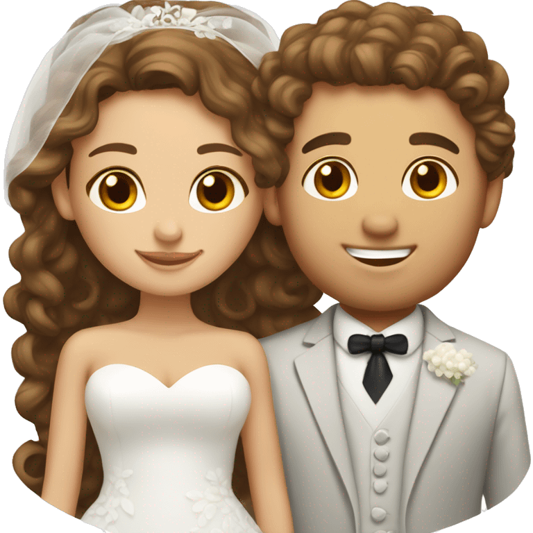 caucasian bride with curly brown hair and caucasian groom  emoji