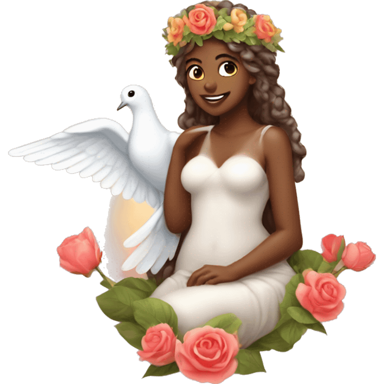 Aphrodite with a flower crown and a dove and hearts. Goddess of love from Greek mythology  emoji