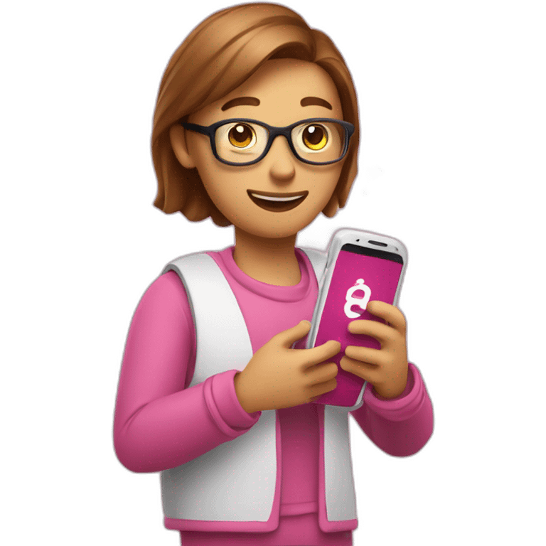 holding a smartphone with big pink subscription mark on the screen emoji