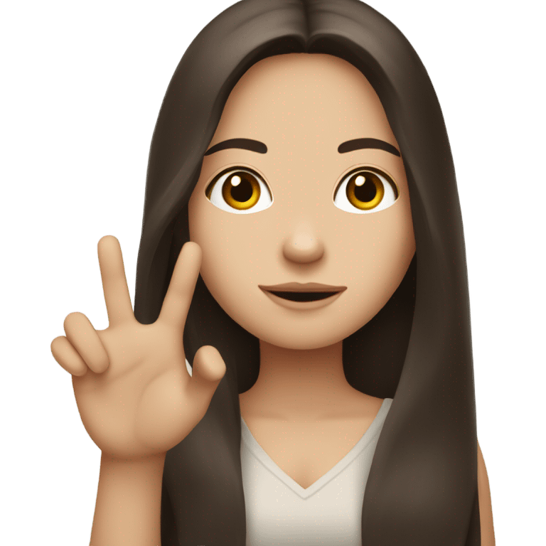 White girl with long dark brown hair and holding hand up with fingers crossed emoji