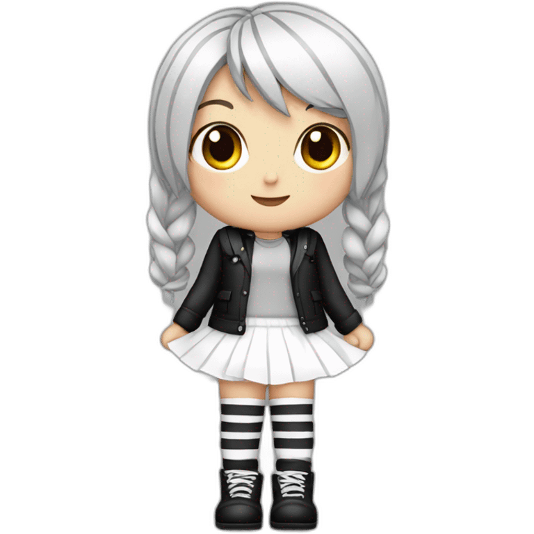 Frontal view curvy emo girl sits white skirt striped stockings hands up emoji