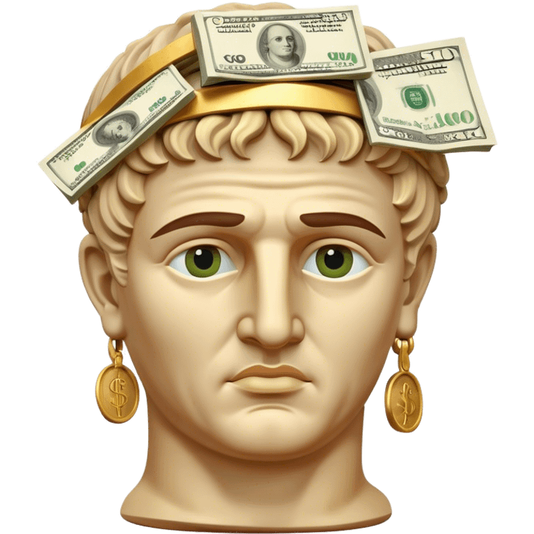 half body portrait of roman caesar statue head with cash on eyes emoji