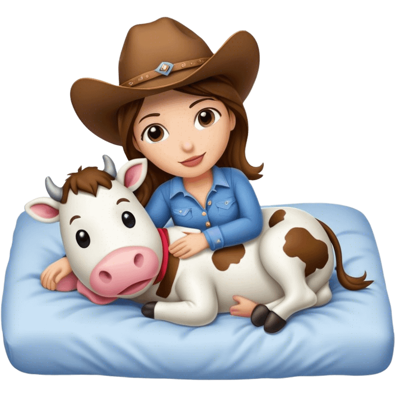 Cowgirl cuddling stuffed cow in bed  emoji