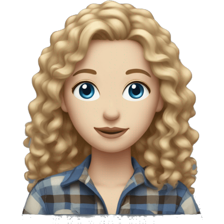 Pale woman long curly light brown hair, blue eyes, flannel emoji