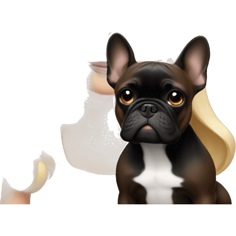 Blonde girl with blue eyes holding brown and black French bulldog emoji