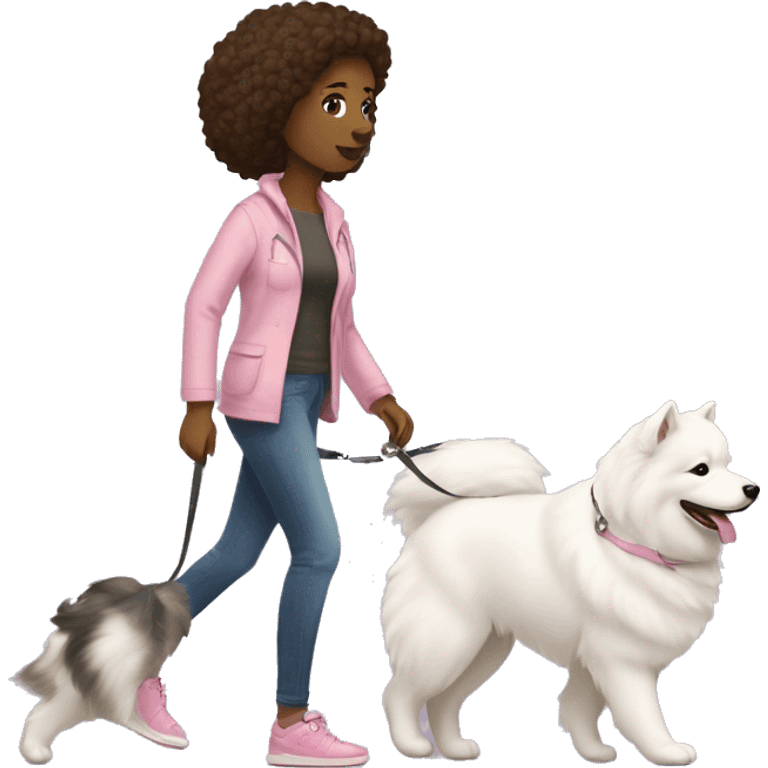 side profile full body view of brunette female with light pink skintone walking one samoyed dog on a leash going to the right emoji