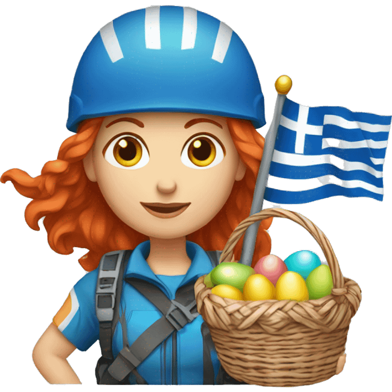 Female mountain climber red hair with Greek flag and holding Easter eggs basket emoji