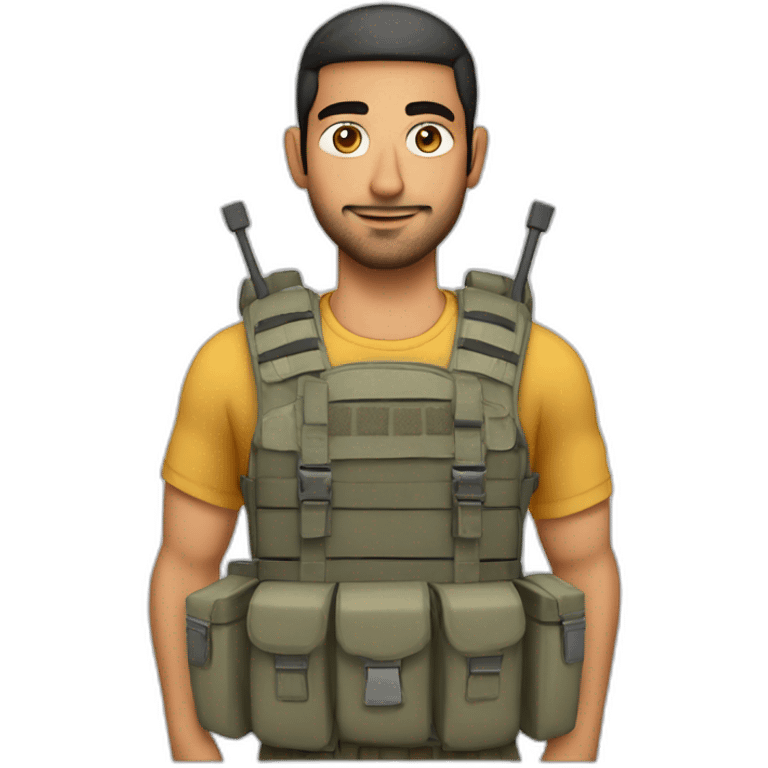 arab man wearing a large plate carrier with electrical wires connecting pockets and single analog clock on a pocket emoji