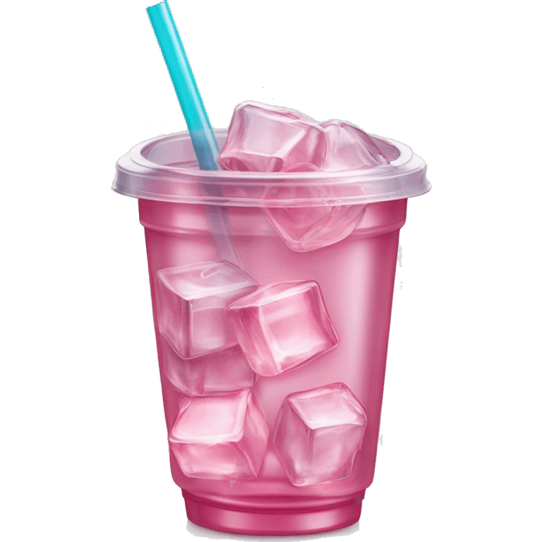 Realistic plastic cup and lid with Transluscent pink soda and large ice cubes inside and straw through the top of the lid. emoji