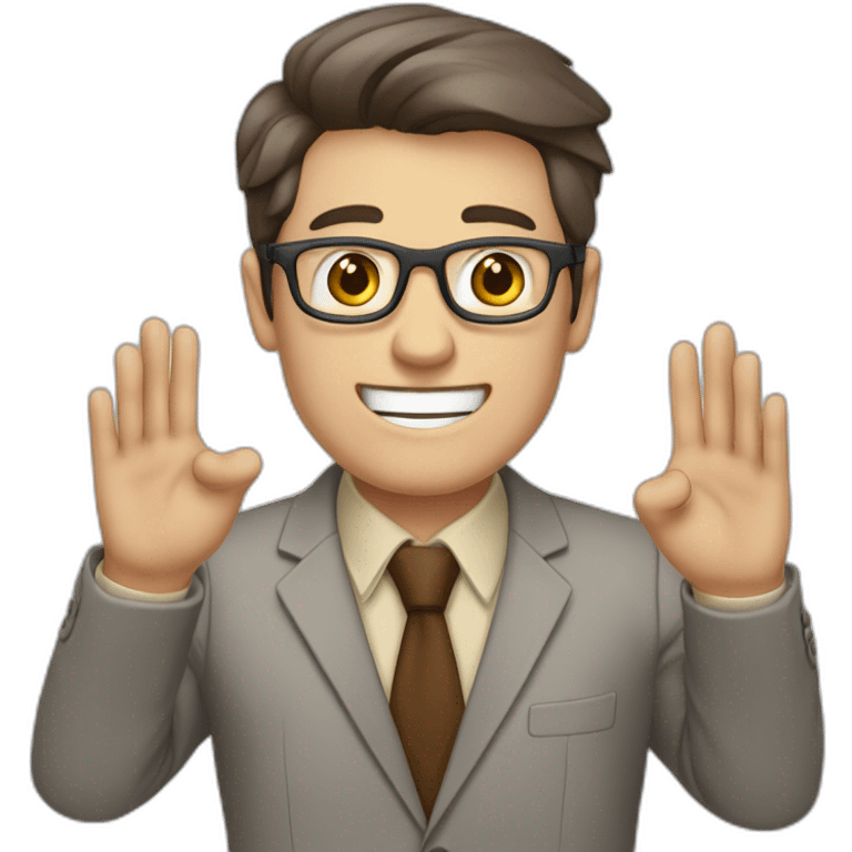 To belt Actively gesturing with hands Pale skinned fit man with dark brown hair in gray jacket, beige office shirt, brown tie, brown pants and vintage glasses. emoji