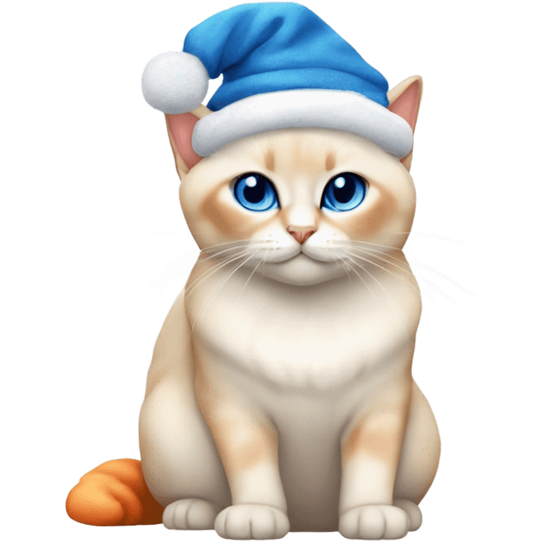 chubby flame point Siamese, white fur with orange accents and blue eyes wearing a red christmas hat  emoji