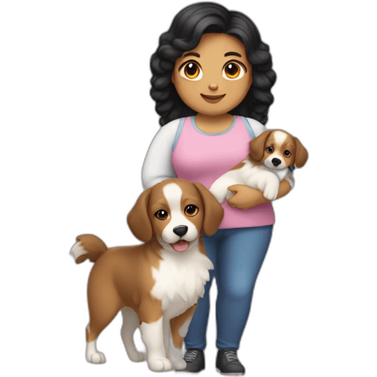 very chubby fair girl with extra wavy black hairs holding dog in her arms emoji