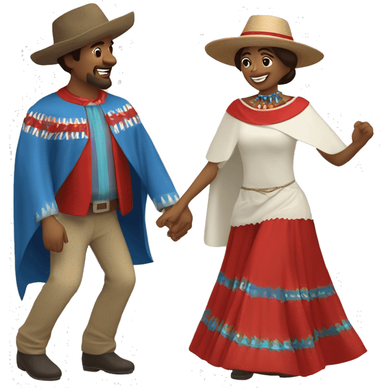 A couple of a man and a woman dancing a Chilean folk dance called cueca. The man wears a huaso hat and a square poncho with brown colors, and the woman wears a white dress with red and blue details. emoji