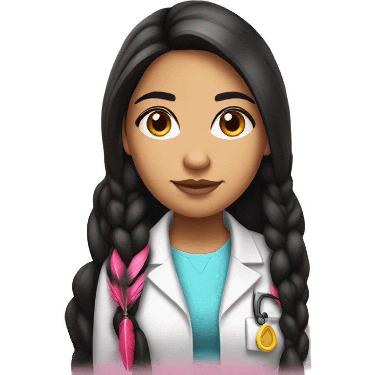  young beautiful Native American female idol scientist with feather earrings & long black hair with pink accents emoji