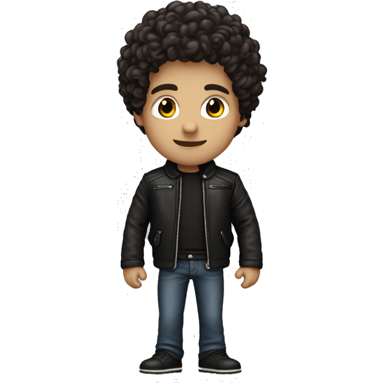 Curly dark brown hair about 13cm in length, white skin , black leather jacket, make it a man  emoji