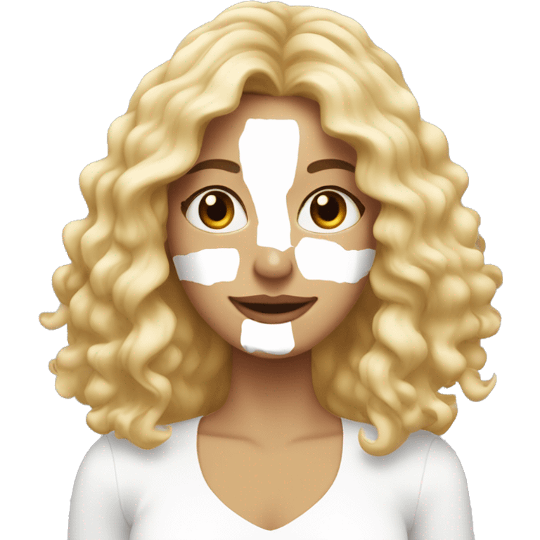 A woman with long curled blonde hair with white skincare cream on her face  emoji