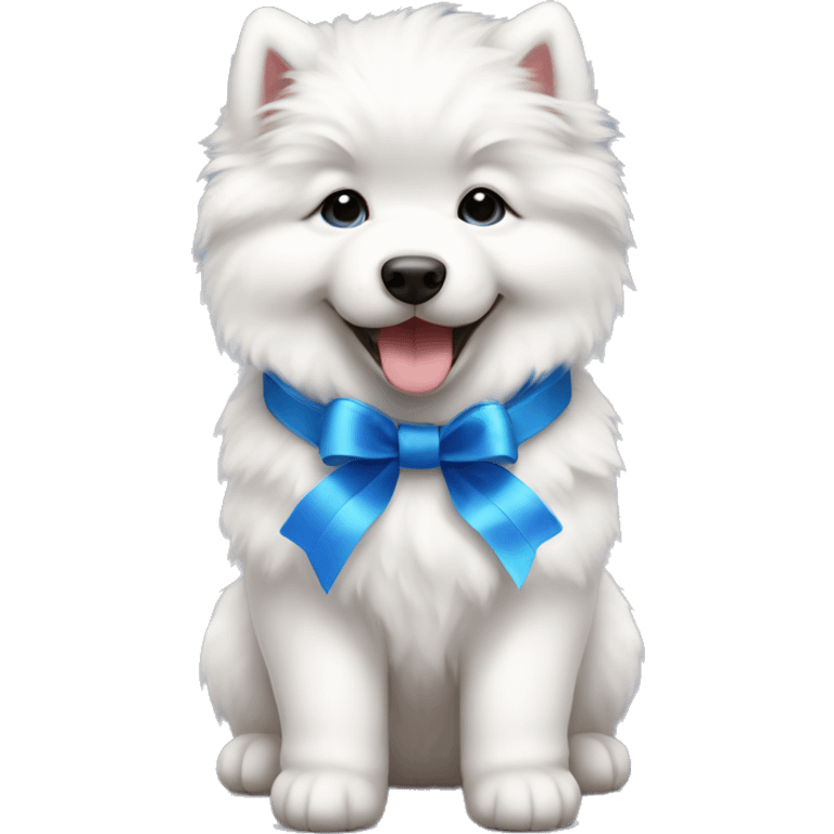 Samoyed puppy wearing blue ribbon emoji