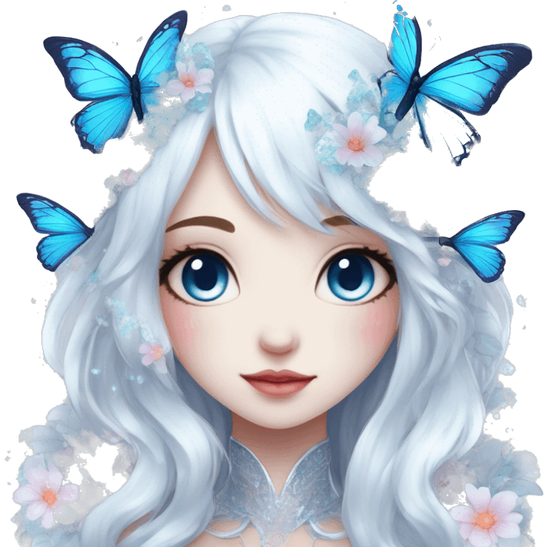 Edgy Cute Cool Kawaii gorgeous sparkly ethereal white fantasy animal with blue eyes sona with flowers and butterflies emoji