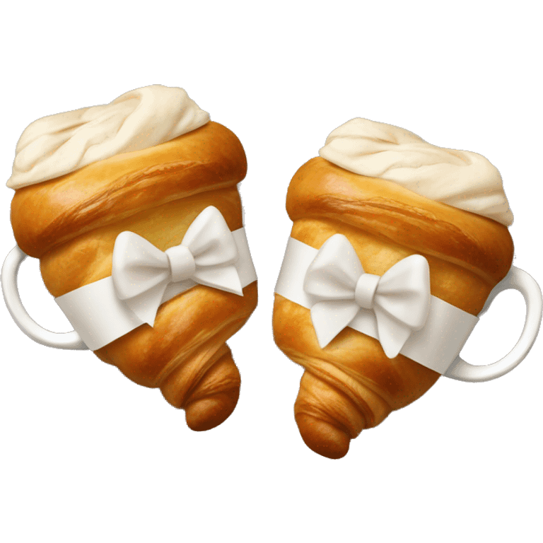 two croissants tied with a white bow, which lie on a cup of coffee from Starbucks emoji