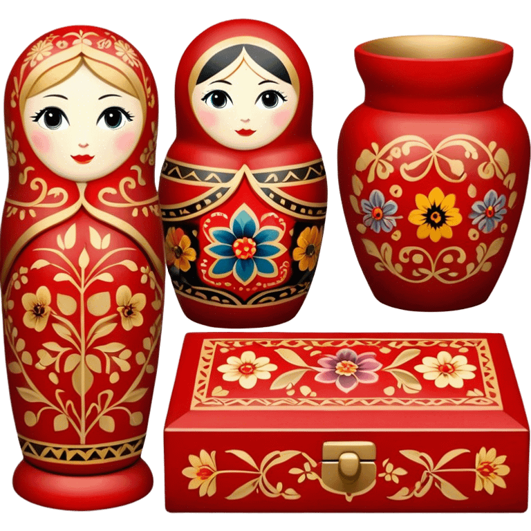 Wood painting icon, painted wooden matryoshkas (nesting dolls) of various sizes, vase, and small wooden box, visible carving tools, paintbrushes, traditional patterns in bright colors like red, gold, and black, no finished artwork, just the crafting process, minimalistic style, clean lines, transparent background. emoji