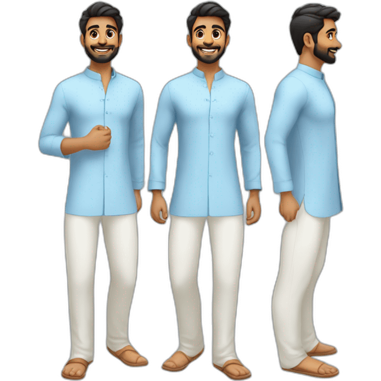 South Indian guy wearing light blue kurtha with white skinny pant  with smile and light beard full body emoji