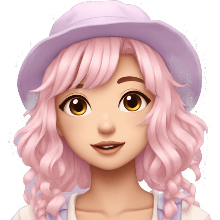 Gorgeous pastel anime girl with blushing face and hair garnitures and pretty hair and a hat-cap aesthetic trending style emoji