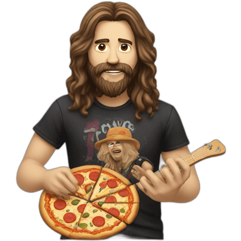 Long haired rocker with beard eating pizza emoji