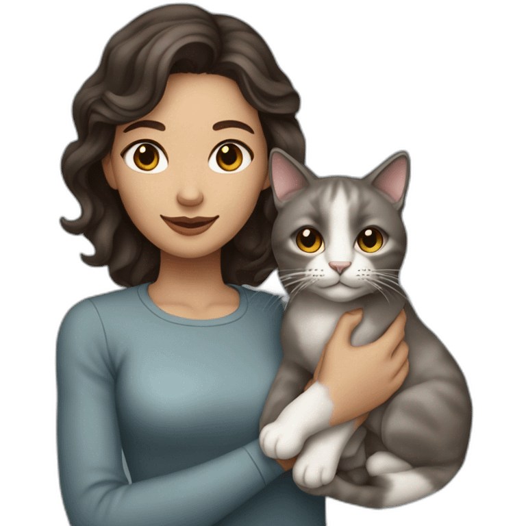 A wite skin woman with wavy dark brown hair holding a grey cat emoji