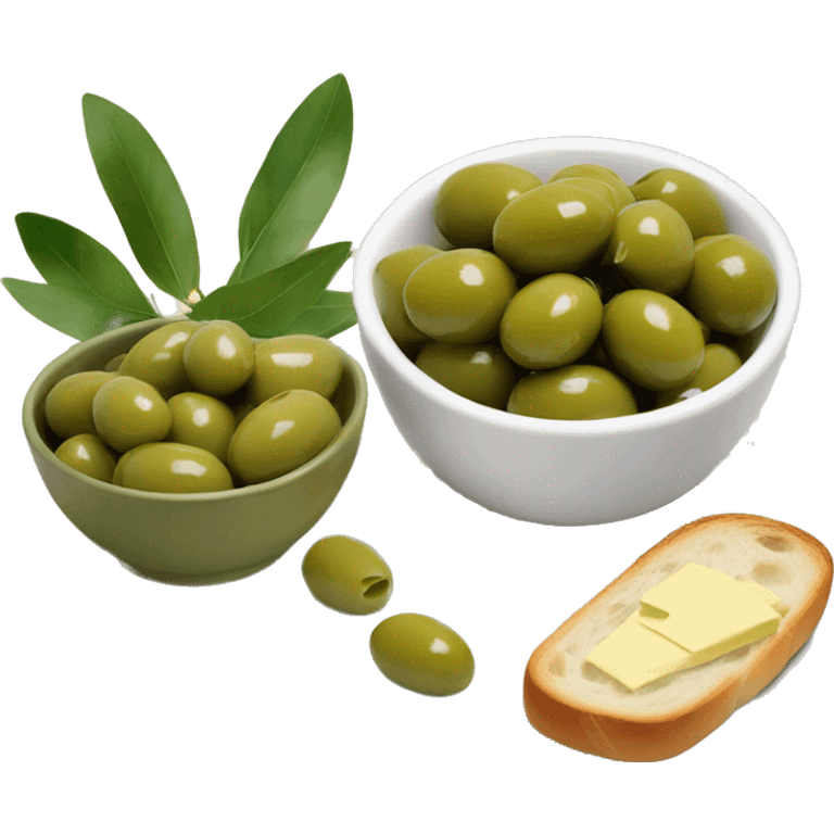 bowl of green olives beside a baguette with butter   emoji