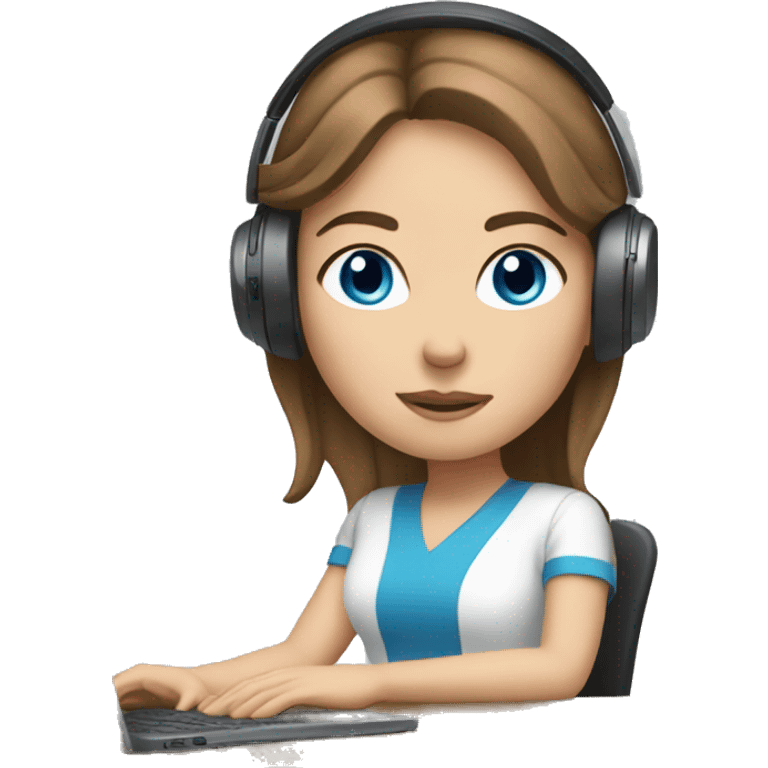 white girl at desk, brown hair, blue eyes, computer, headphones emoji