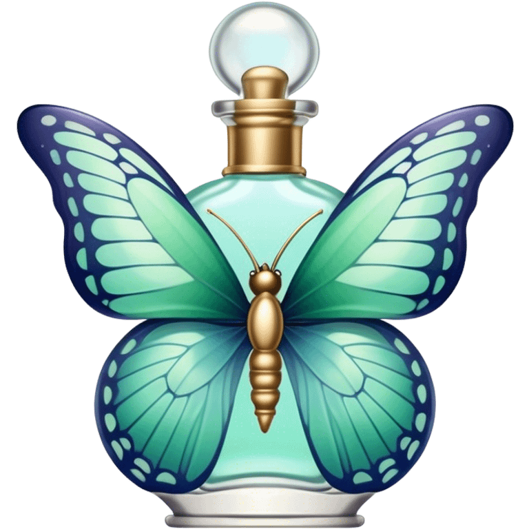 A delicate butterfly with pastel green and blue wings resting on a vintage glass perfume bottle with golden details. emoji