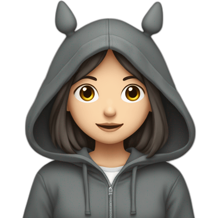 Fille Brune avec un sweat-capuche Totoro gris foncé avec les rond clair de Totoro sur ventre  emoji