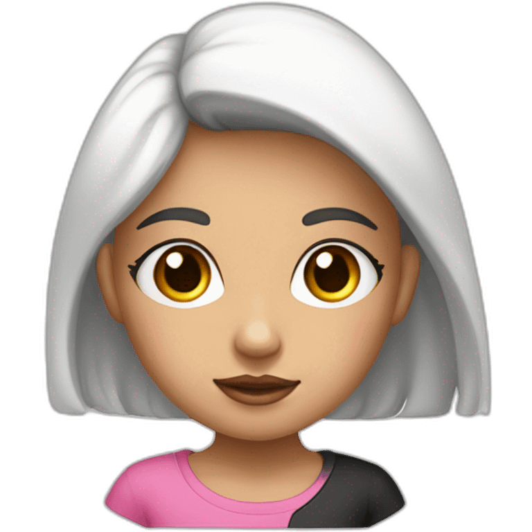 niña blanca con pelo largo liso negro con ojos marrones con camiseta rosa emoji