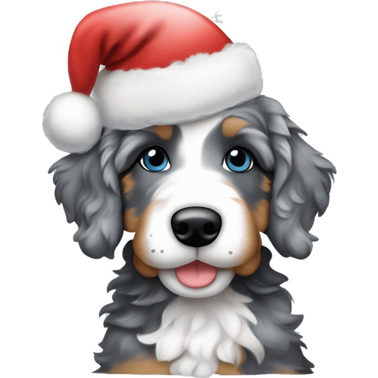 Blue Merle Color Bernedoodle Puppy wearing Christmas hat  emoji