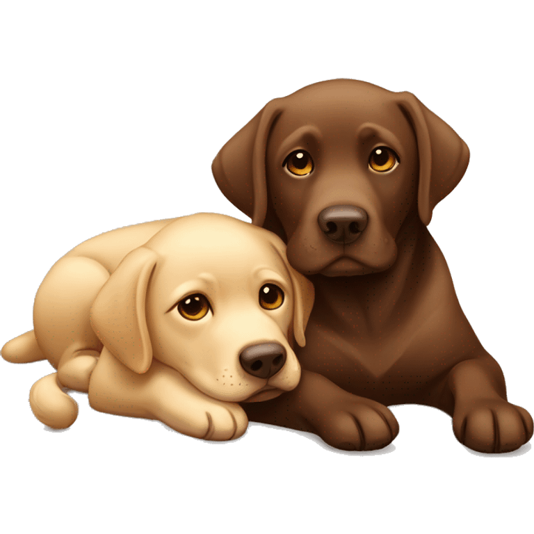 Blonde Labrador and chocolate brown Labrador lying on each other emoji