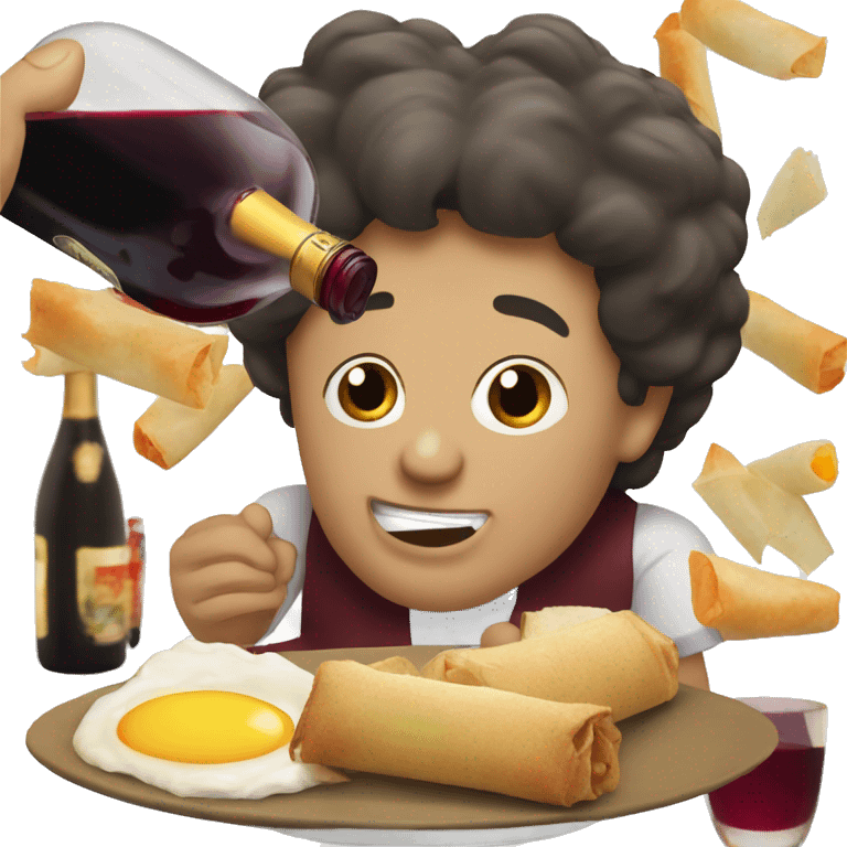  guy dark hair drink wine eating egg roll emoji