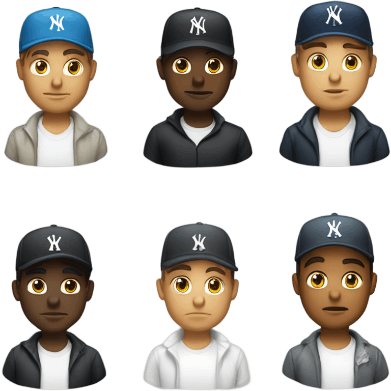 Un homme blanc, yeux en amande, cheveux courts noir, mal rasé, casquette yankees noir emoji