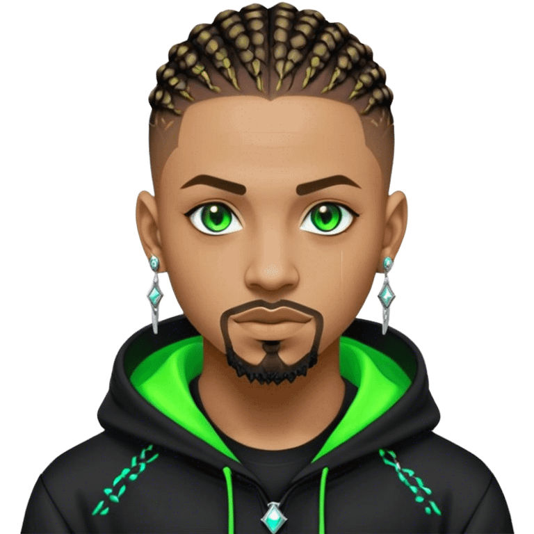 Light skinned African American male with green eyes as a cyberpunk hacker with cornrows hairstyle but short cornrows  with goatee facial hair with small diamond stud earrings wearing a hacker hoodie emoji