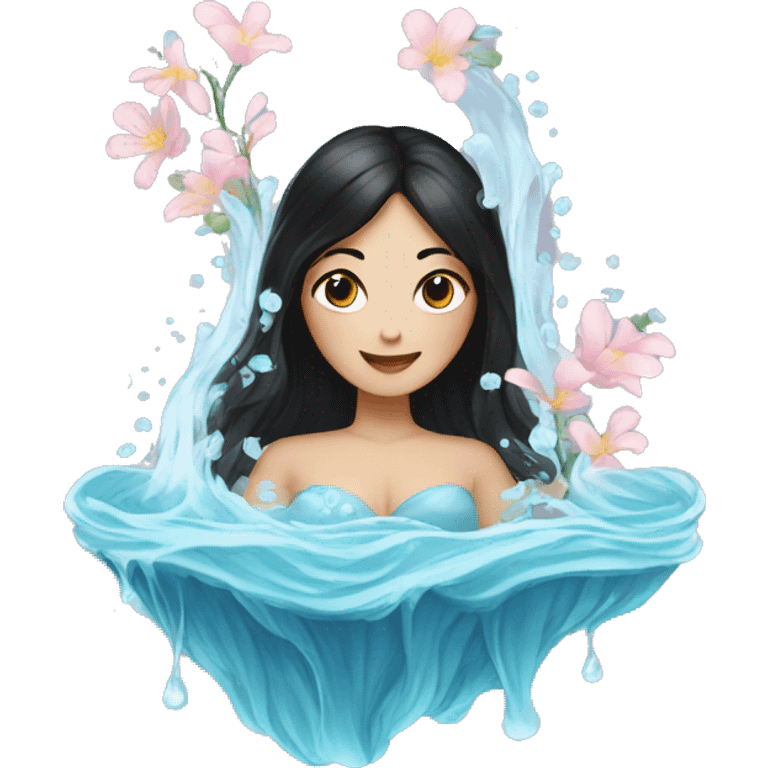 Lady with black hair filled with flowers surrounded by flowing water emoji