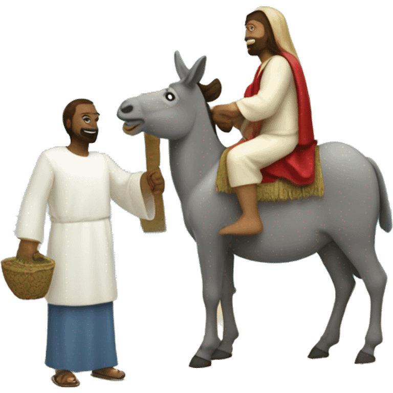 People greeting Jesus on a donkey with palm trees emoji