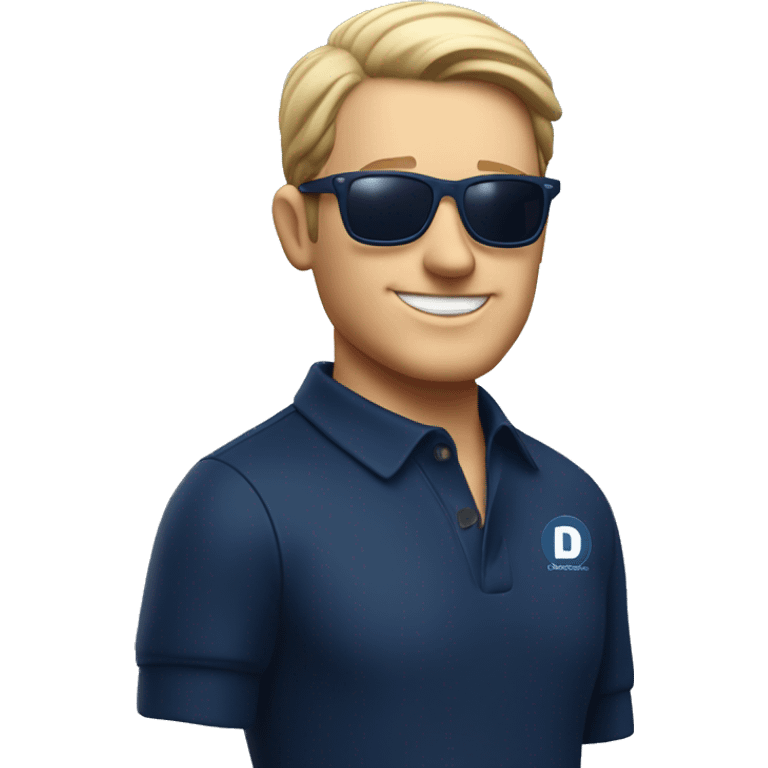 a short, handsome white man in sunglasses with a navy blue polo shirt and the D'COSTURA logo emoji