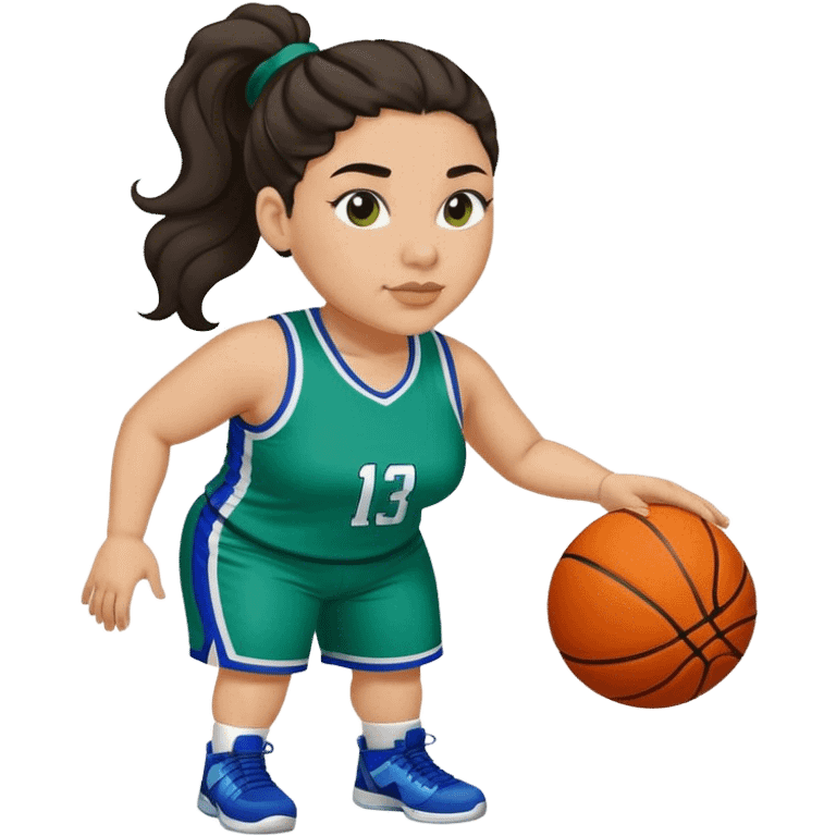  plus size light skin latino women basketball player with wavy dark hair in pony tail flat wide nose wearing blue green  uniform emoji