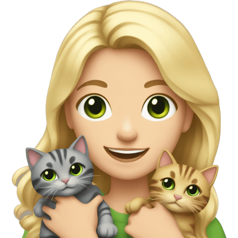 Me( blond girl with green eyes) smiling and holding bunch of cats emoji