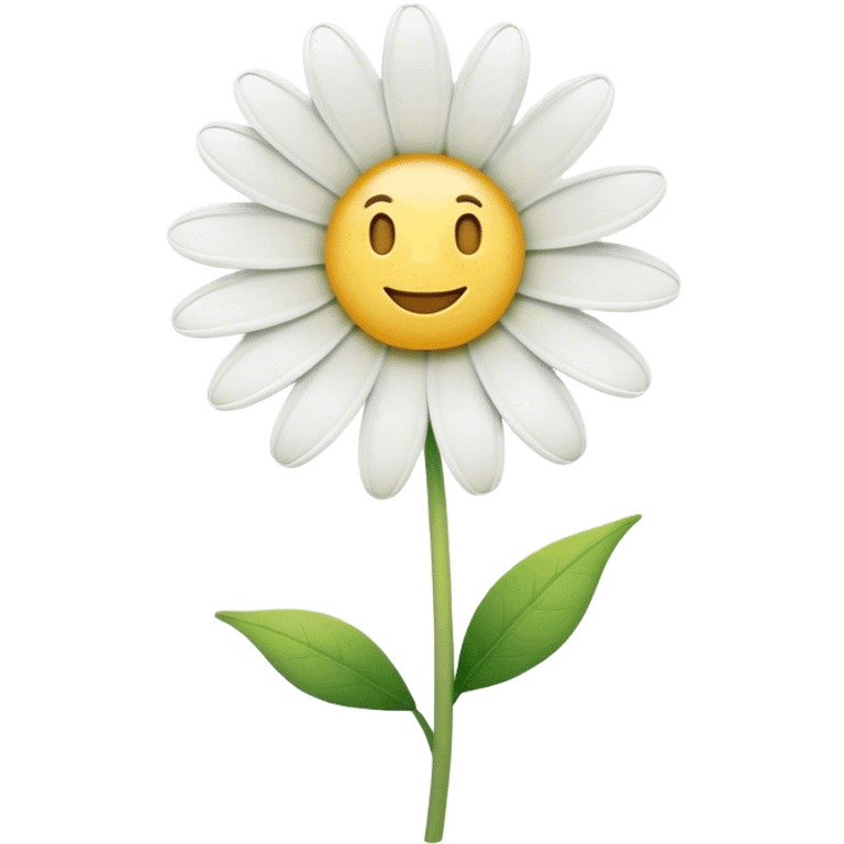 Cinematic Realistic Daisy Emoji, Cheerful and pure, with bright white petals surrounding a sunny yellow center, standing proudly atop a slender green stem. The soft, vibrant petals seem to radiate positivity, while a few green leaves frame the delicate flower. Soft glowing outline, capturing the essence of simplicity, innocence, and happiness in a single daisy. emoji