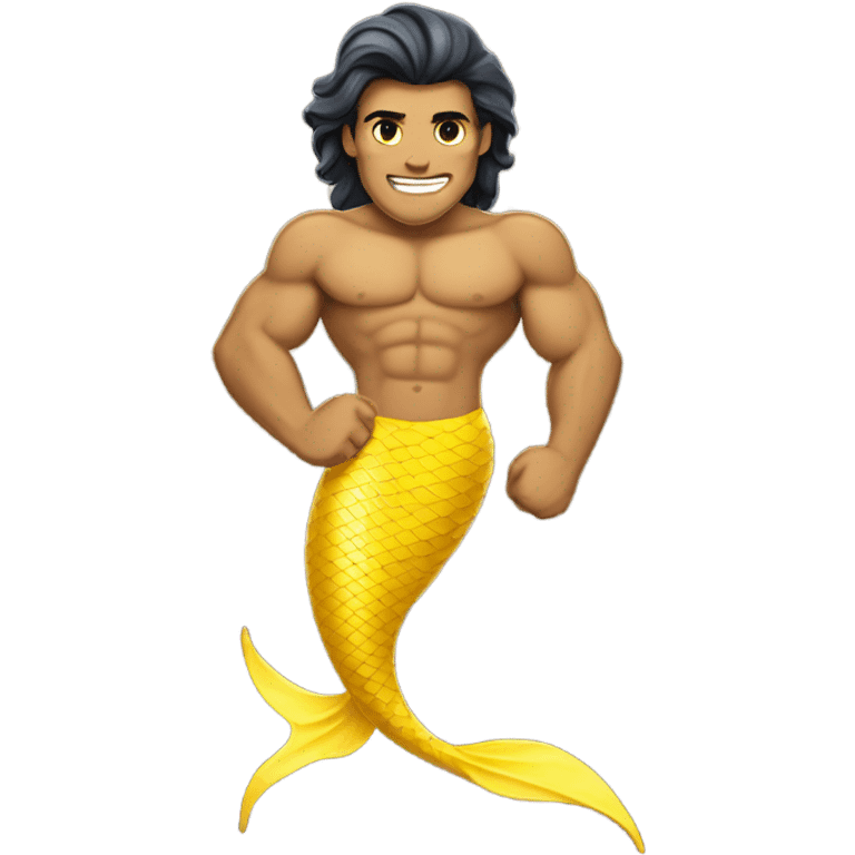 Tan muscular merman with yellow mermaid tail and dark hair emoji