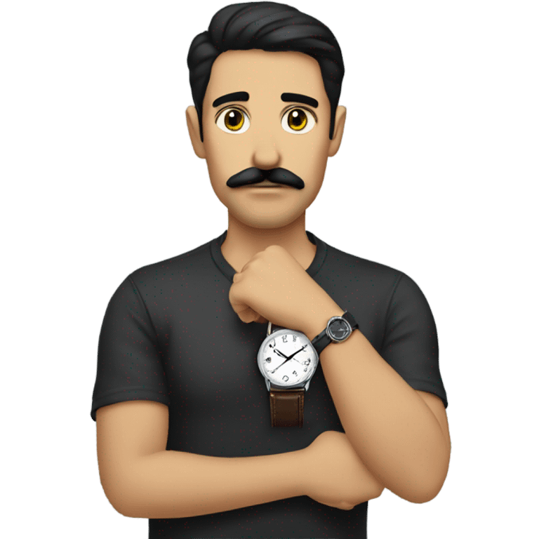 dark hair dark eye man with mustache looking at wrist watch emoji